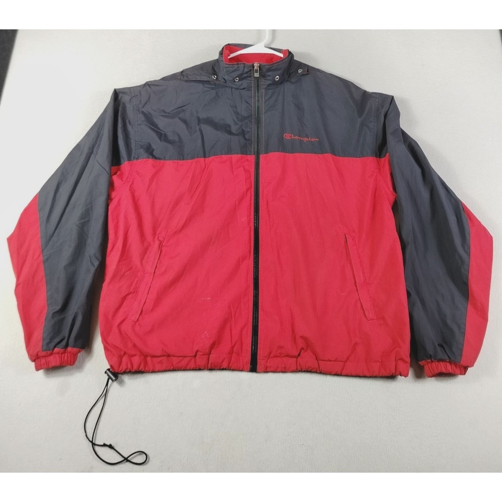 Vintage Champion Jacket Mens Large Red Black Colorblock Windbreaker Mesh Lined